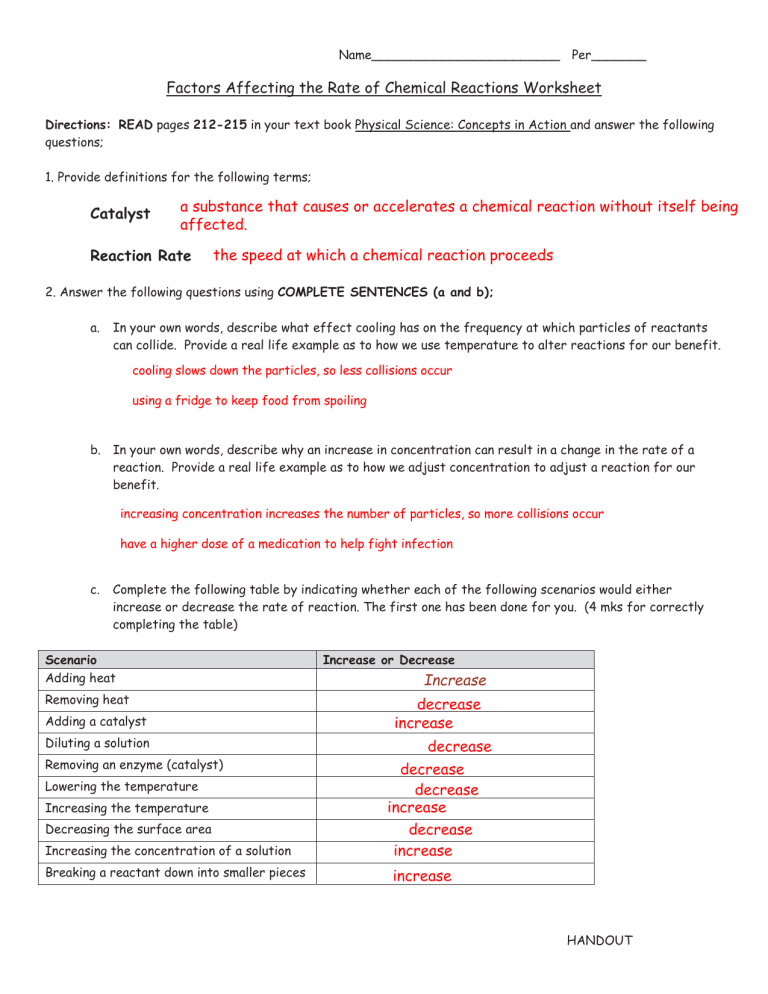 Reaction Rate Worksheet Key