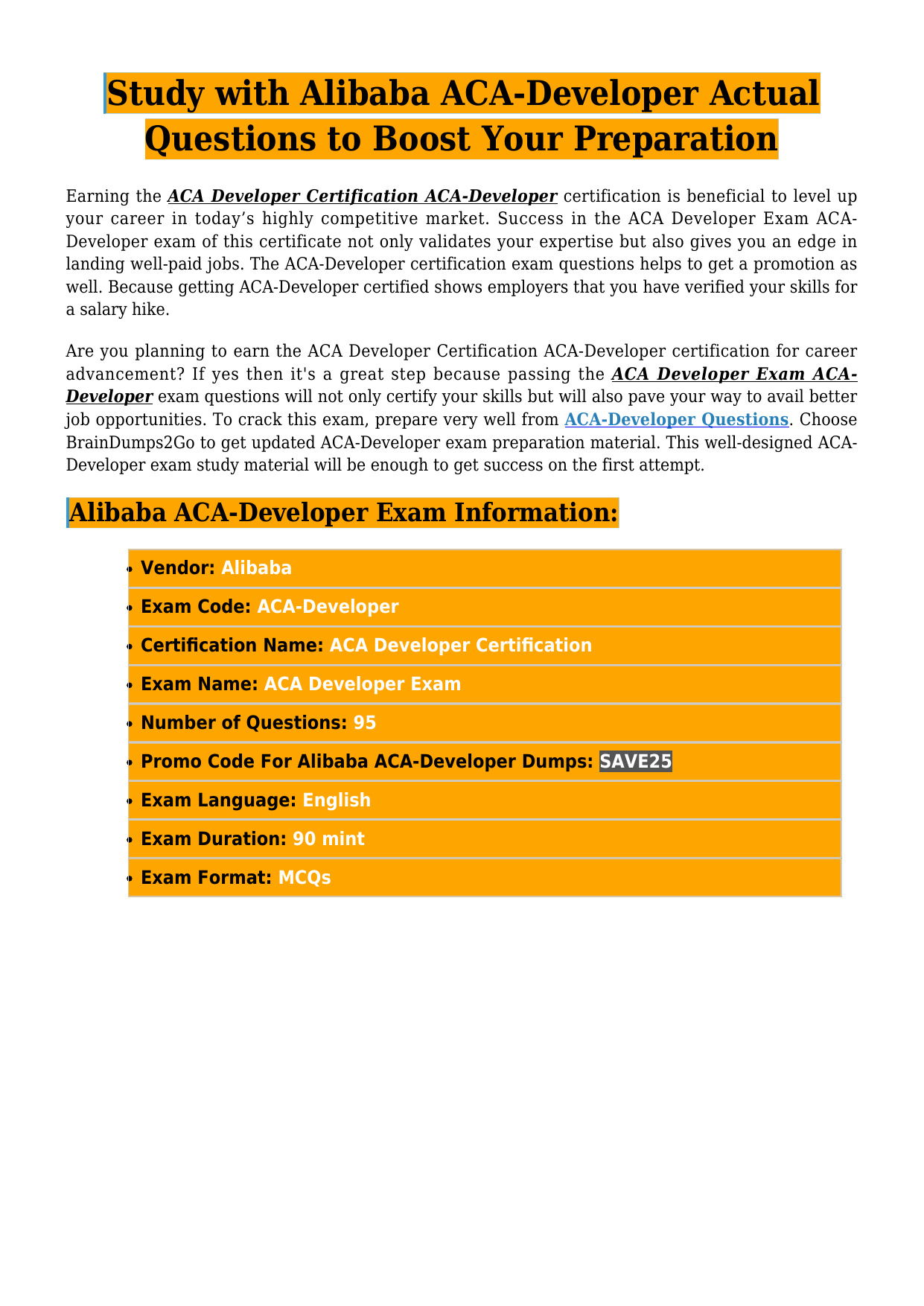 Aca Developer Exam Questions