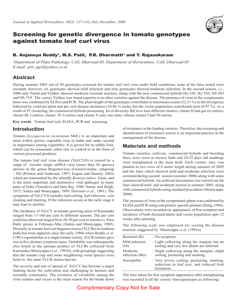 Screening For Genetic Divergence In Tomato Genotypes 3511