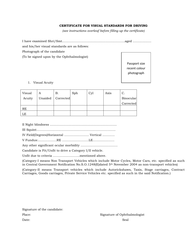 CERTIFICATE FOR VISUAL STANDARDS FOR DRIVING