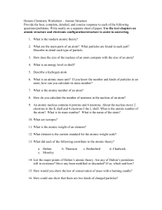 Honors Chemistry Wksht Atomic History and Theory with ANSWERS