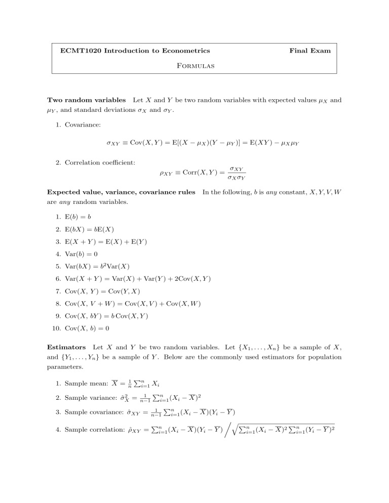 ECMT1020 Econometrics Final Exam Formulas