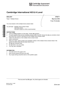 Cambridge AS & A Level Biology Paper 1 MCQ May/June 2024