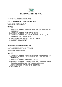 Glenvista High School Grade 8-9 Math Assignment Topics