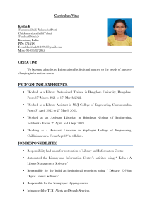 Curriculum Vitae - Kavitha K, Library and Information Science Professional