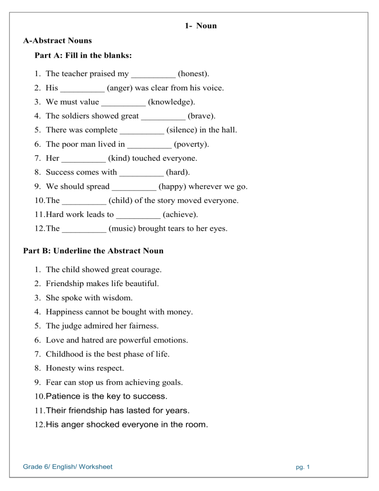 Grade 6 English Nouns Worksheet