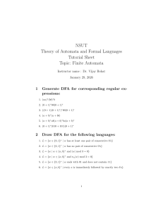 NSUT Theory of Automata Tutorial Sheet: Finite Automata Problems