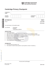 Cambridge Primary Checkpoint Math Paper 1 April 2025