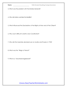 10th Grade French Revolution Reading Comprehension Questions