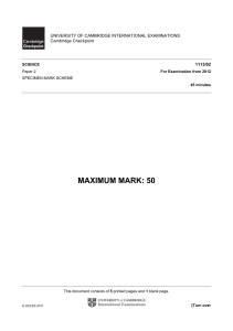 Cambridge Checkpoint Science Paper 2 Specimen Mark Scheme