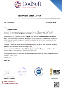 CodSoft Machine Learning Internship Offer Letter