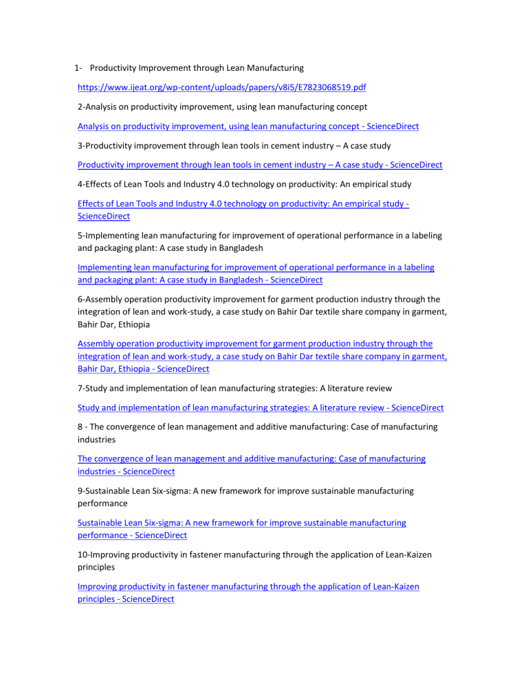 Lean Manufacturing Productivity Improvement Research Papers