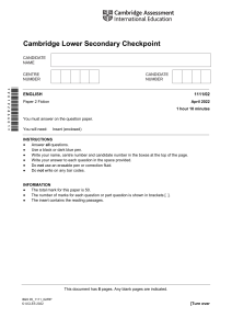 Cambridge Lower Secondary English Fiction Exam 2022
