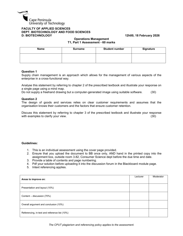 Operations Management T1 Assessment - CPUT Biotechnology