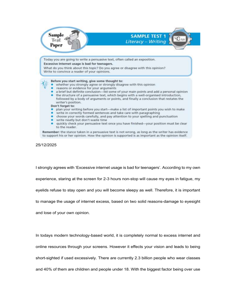 Sample Test 1: Excessive Internet Usage Essay
