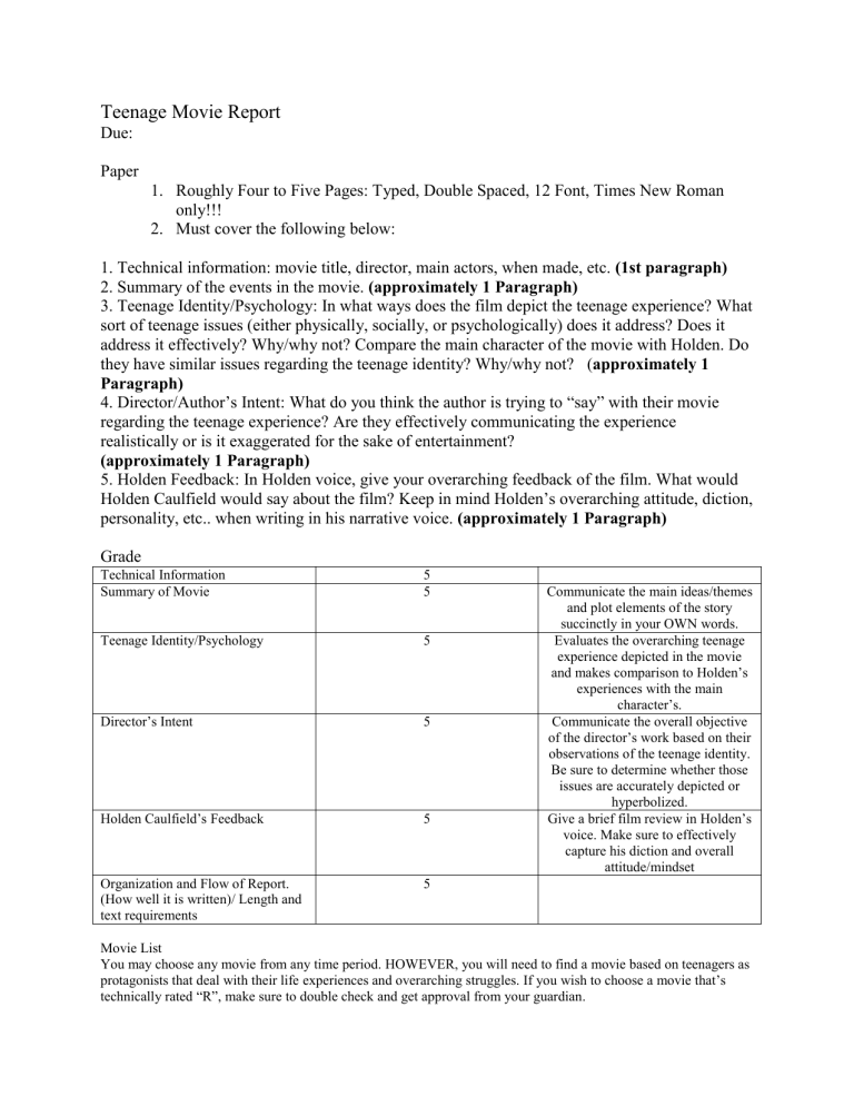 Teenage Movie Report Assignment