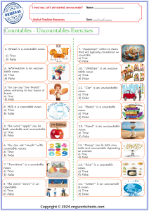 Countable and Uncountable Nouns Exercises Worksheet