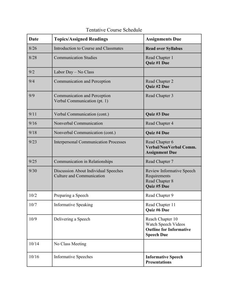 Tentative Course Schedule: Communication Studies