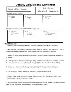 Density Calculations Worksheet: Mass, Volume, Density Problems