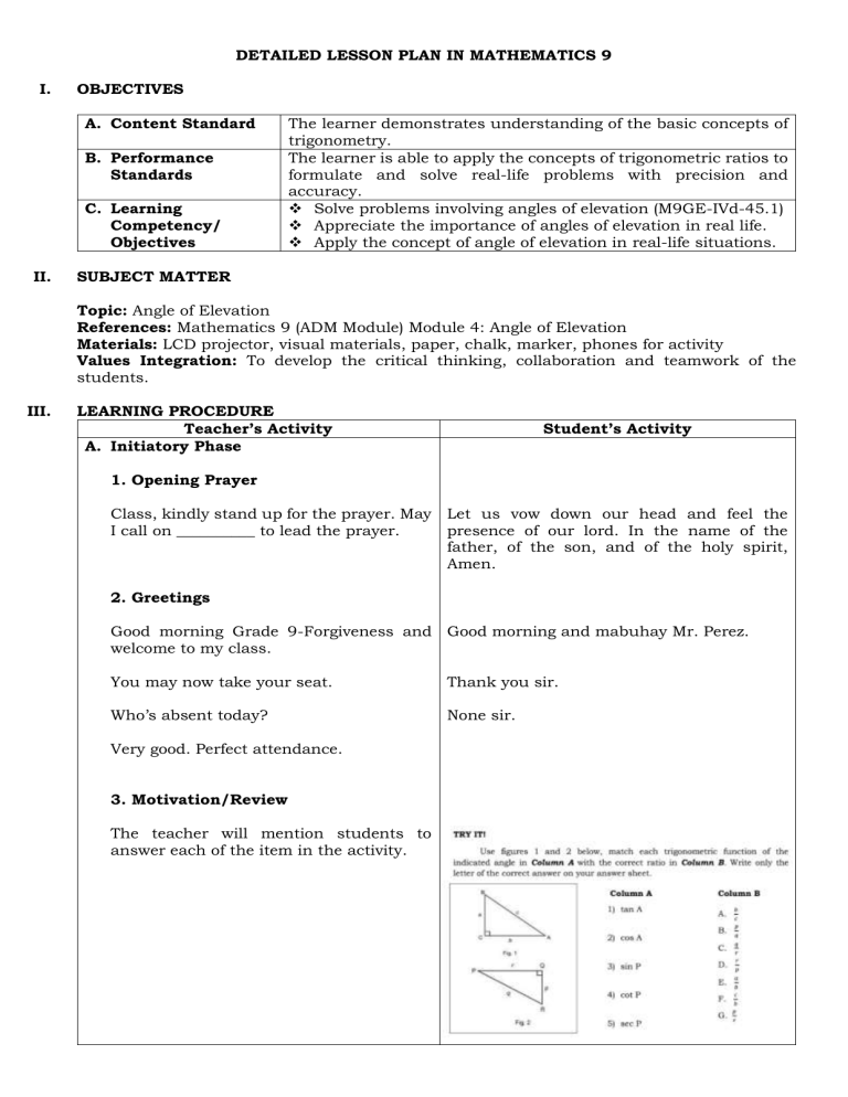 Detailed Lesson Plan: Angle of Elevation (Math 9)