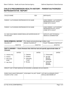 California Child Preadmission Health History Form
