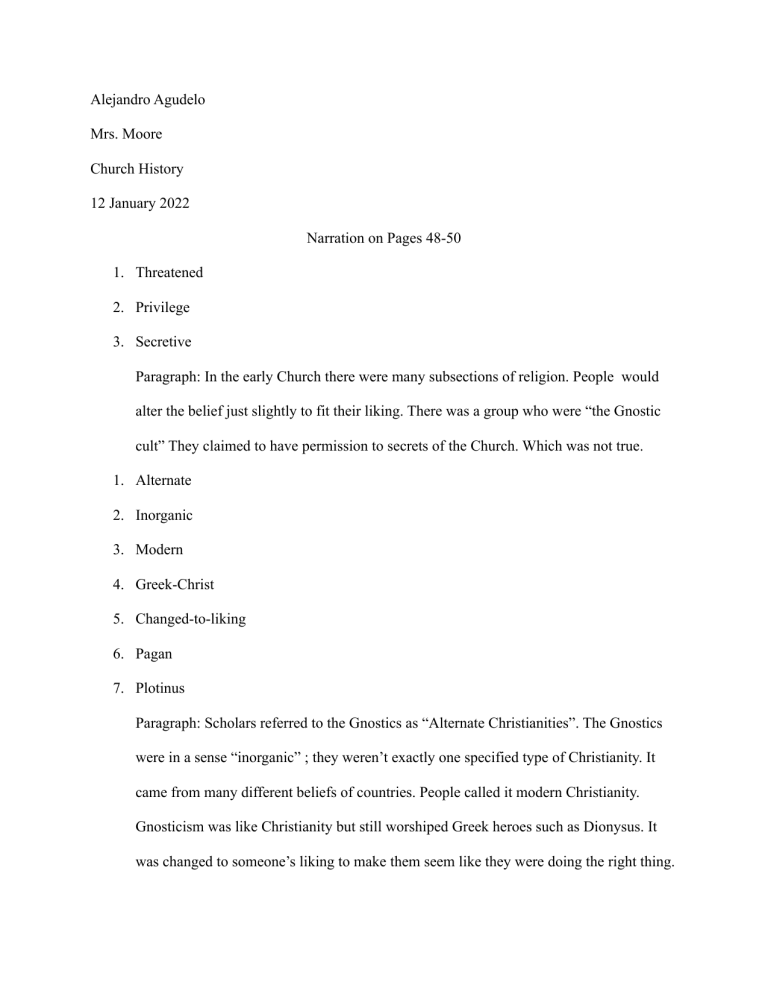 Student Assignment on Early Church Gnosticism