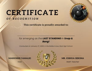 Certificate of Recognition for Snap & Bang! Winner at Rizal High School