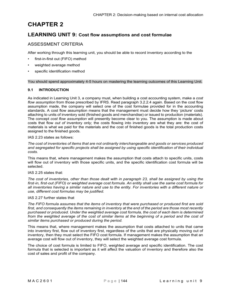 Cost Flow Assumptions & Cost Formulae (FIFO, Weighted Average, Specific ID)