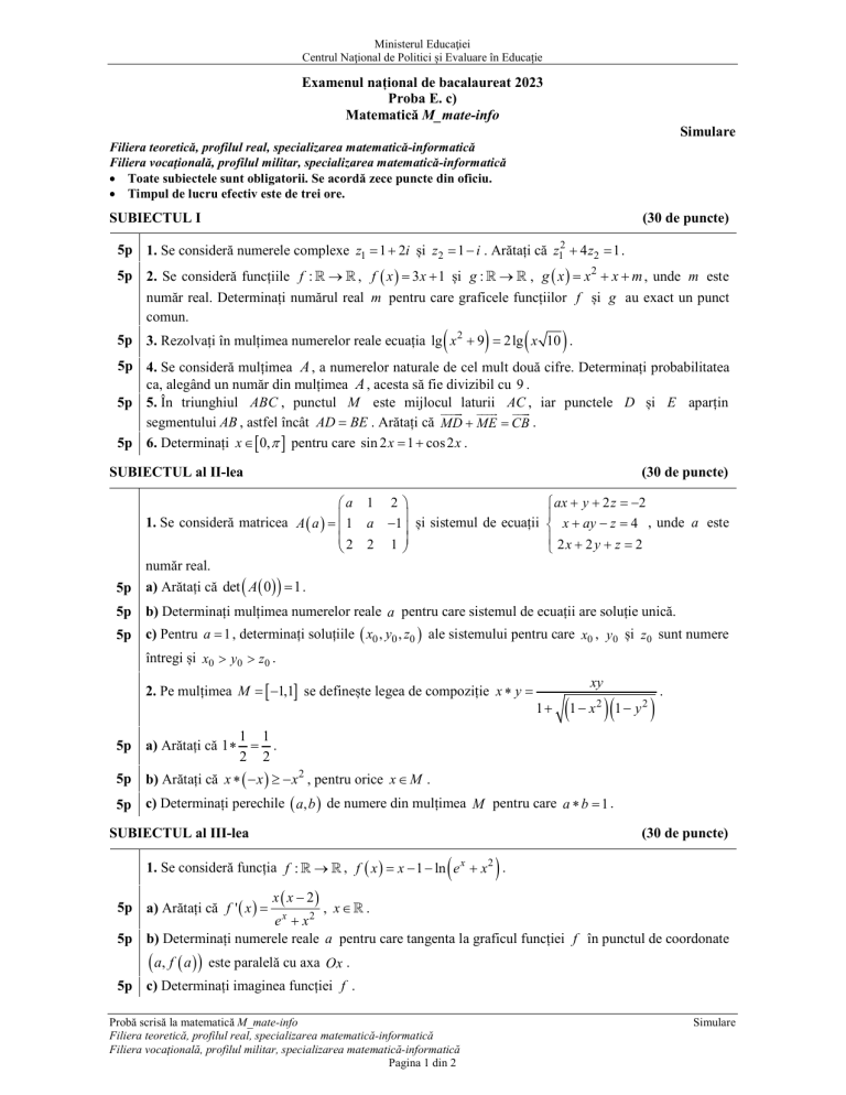 Bacalaureat 2023 Matematică Simulare