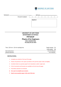 University of Cape Town Physics A for Engineers Final Exam 2019