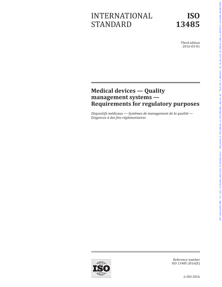 ISO 13485:2016 - Medical Devices Quality Management Systems
