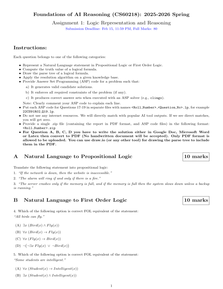 Foundations of AI Reasoning Assignment 1: Logic Representation and ...