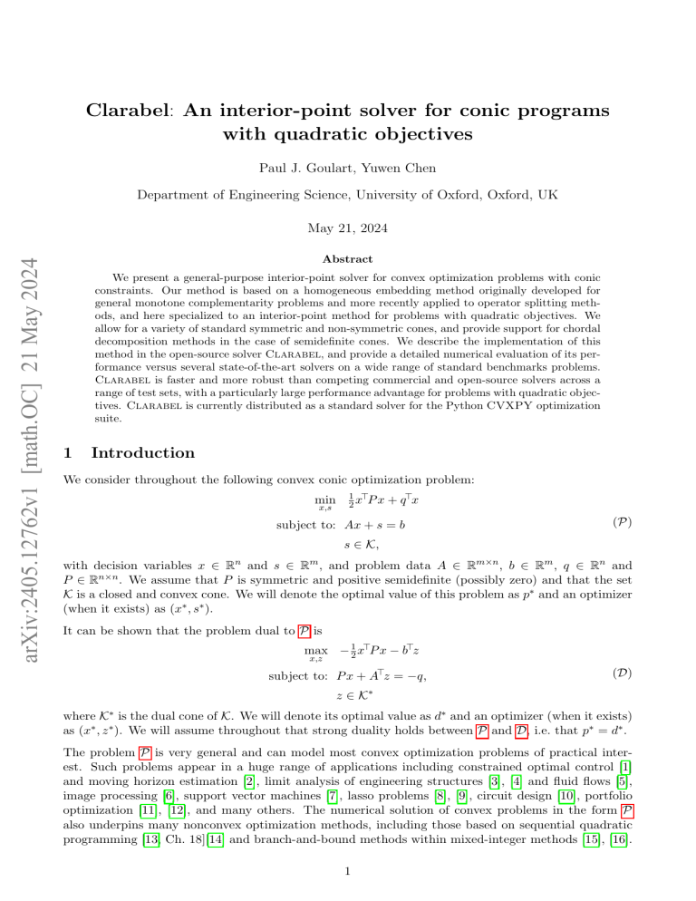 Clarabel: Interior-Point Solver for Conic Programs with Quadratic ...