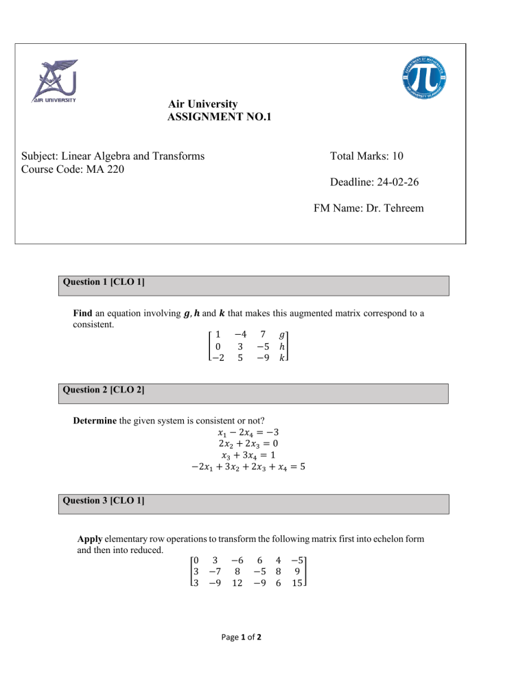 Linear Algebra Assignment MA 220 Air University