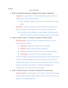 Mgmt 495 Exam 1 Study Guide: Leadership & Management