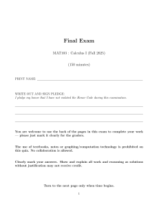 MAT103 Calculus I Final Exam Fall 2025