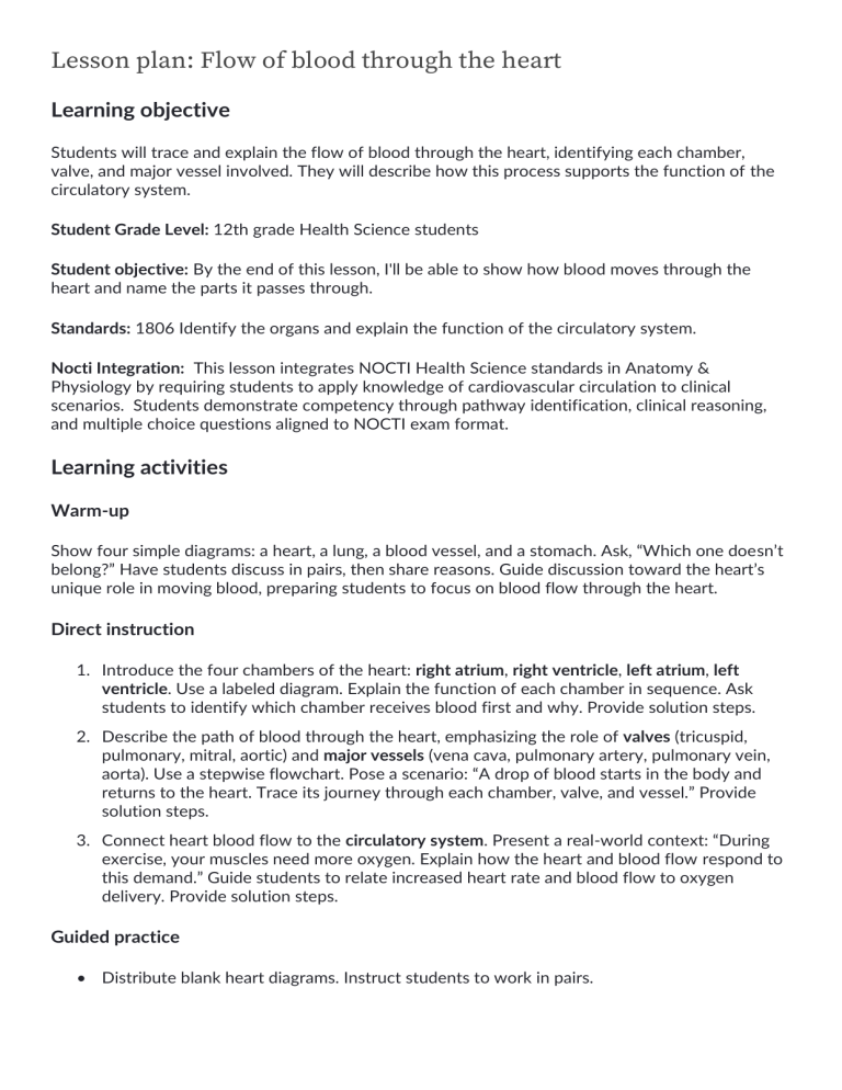 Lesson Plan: Blood Flow Through the Heart