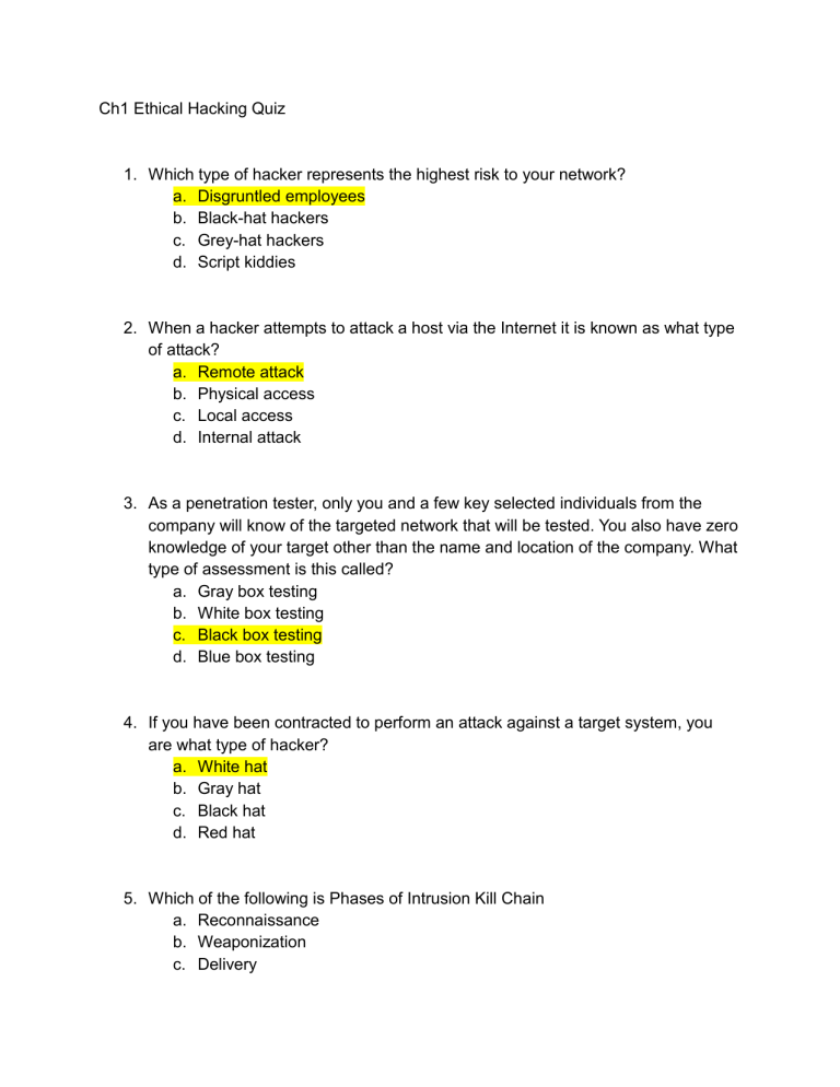 Ethical Hacking Quiz: Chapter 1 Test Questions