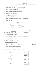 VII Class Math Worksheet: Negative Numbers, Indices & Roots
