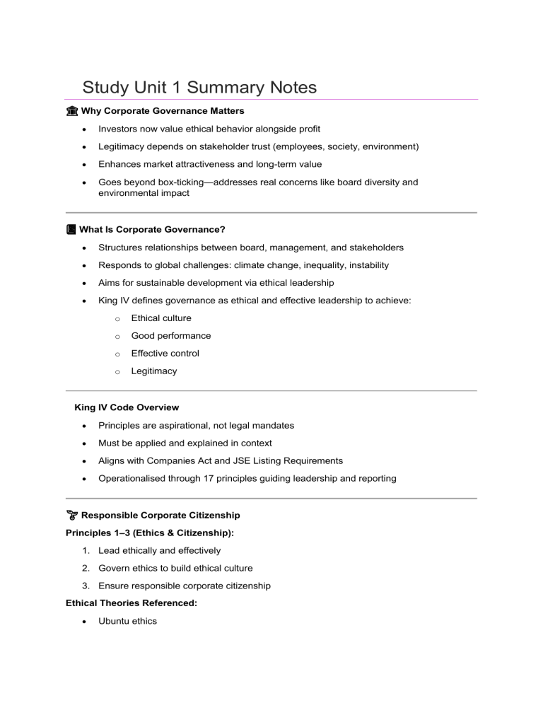 Study Unit 1 Summary Notes: Corporate Governance