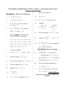 College Maths 1B Revision Exercise Test 1