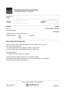 Cambridge Secondary 1 Science Specimen Paper 2014