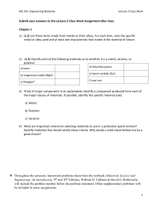ME 241 Engineering Materials Lecture 2 Class Work