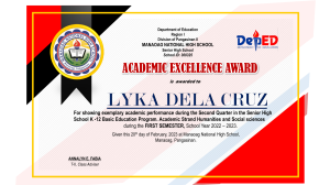 Academic Excellence Award - Manaoag National High School