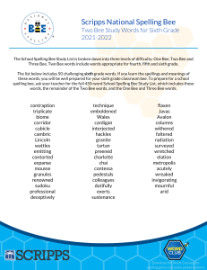 Scripps Spelling Bee 6th Grade Word List 2021-2022