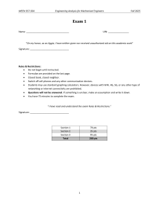 MEEN 357-504 Exam 1: Engineering Analysis for Mechanical Engineers
