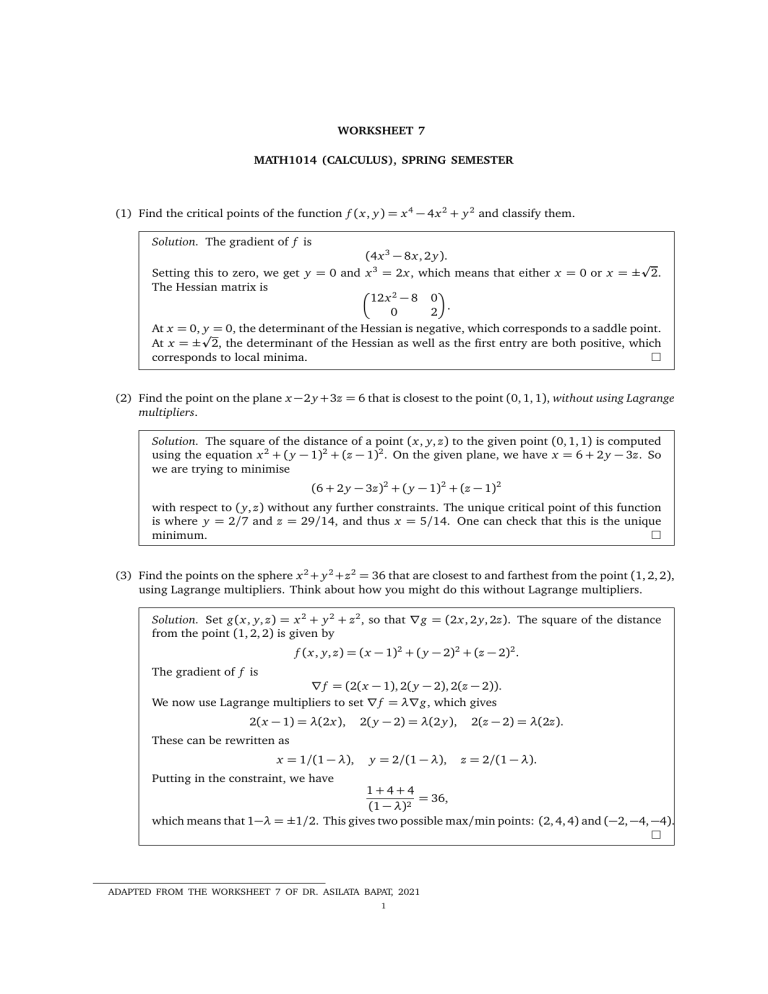 Worksheet 7: Calculus Problems and Solutions