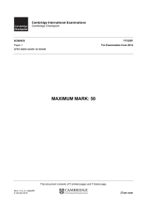 Cambridge Checkpoint Science Specimen Mark Scheme 2014