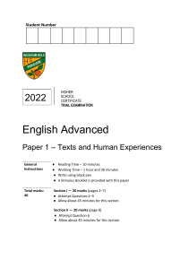 2022 HSC English Advanced Trial Exam Paper 1
