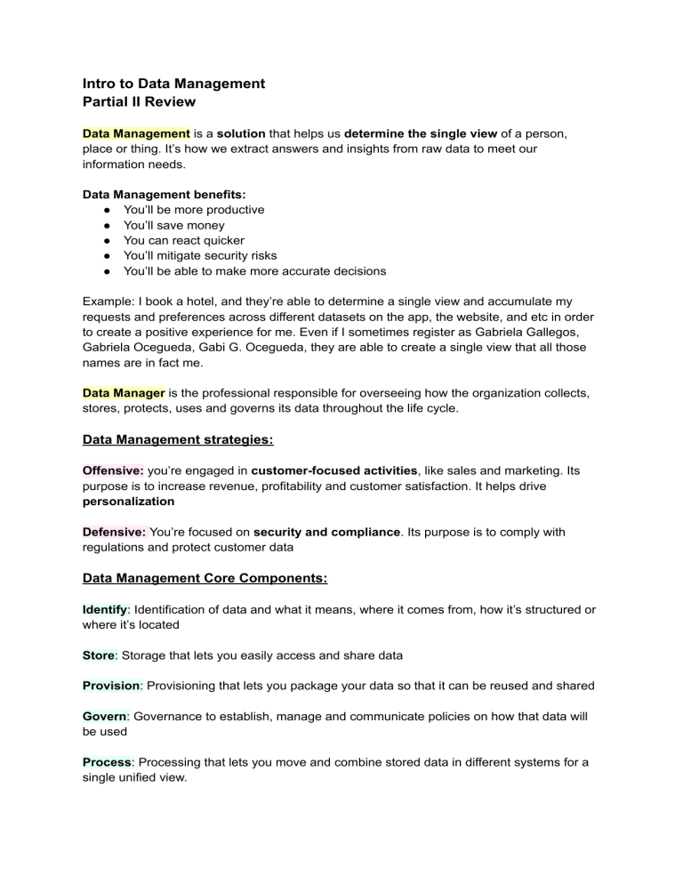 Intro to Data Management Review: Core Concepts & Strategies